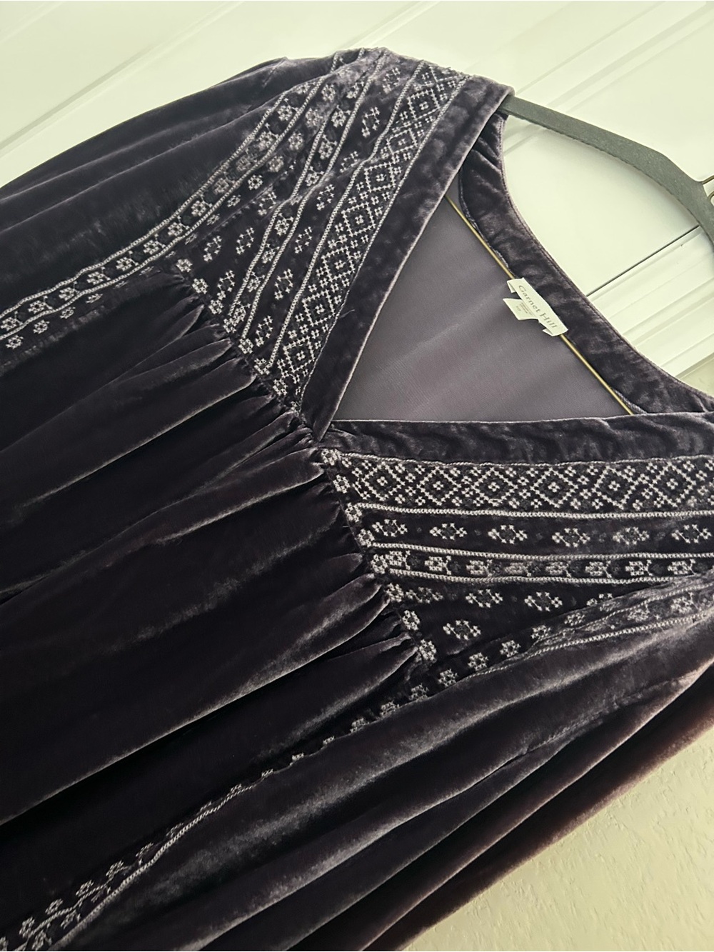 Garnet Hill Deep Plum Velvet Embroidered V-Neck Blouse - Picture 2 of 4